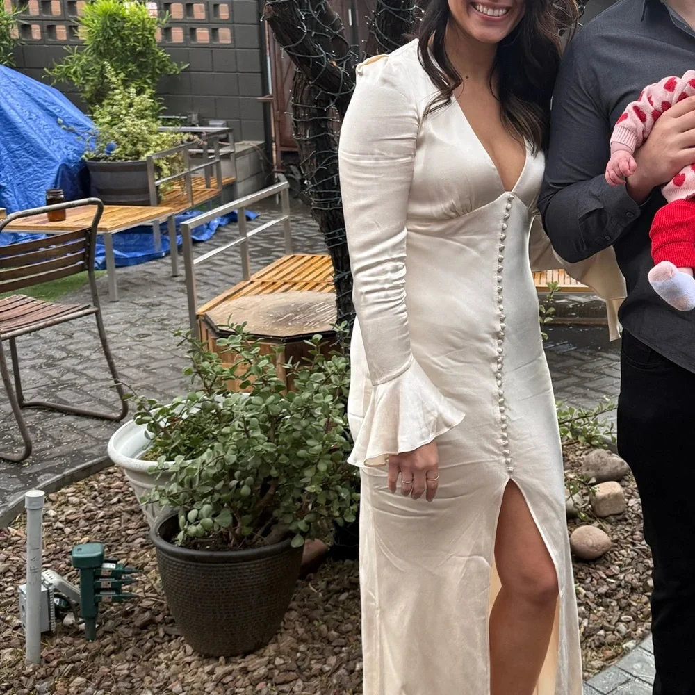 Shona Joy - La Lune Frill Cuff Bias Midi Dress in Cream - Picture 4 of 5
